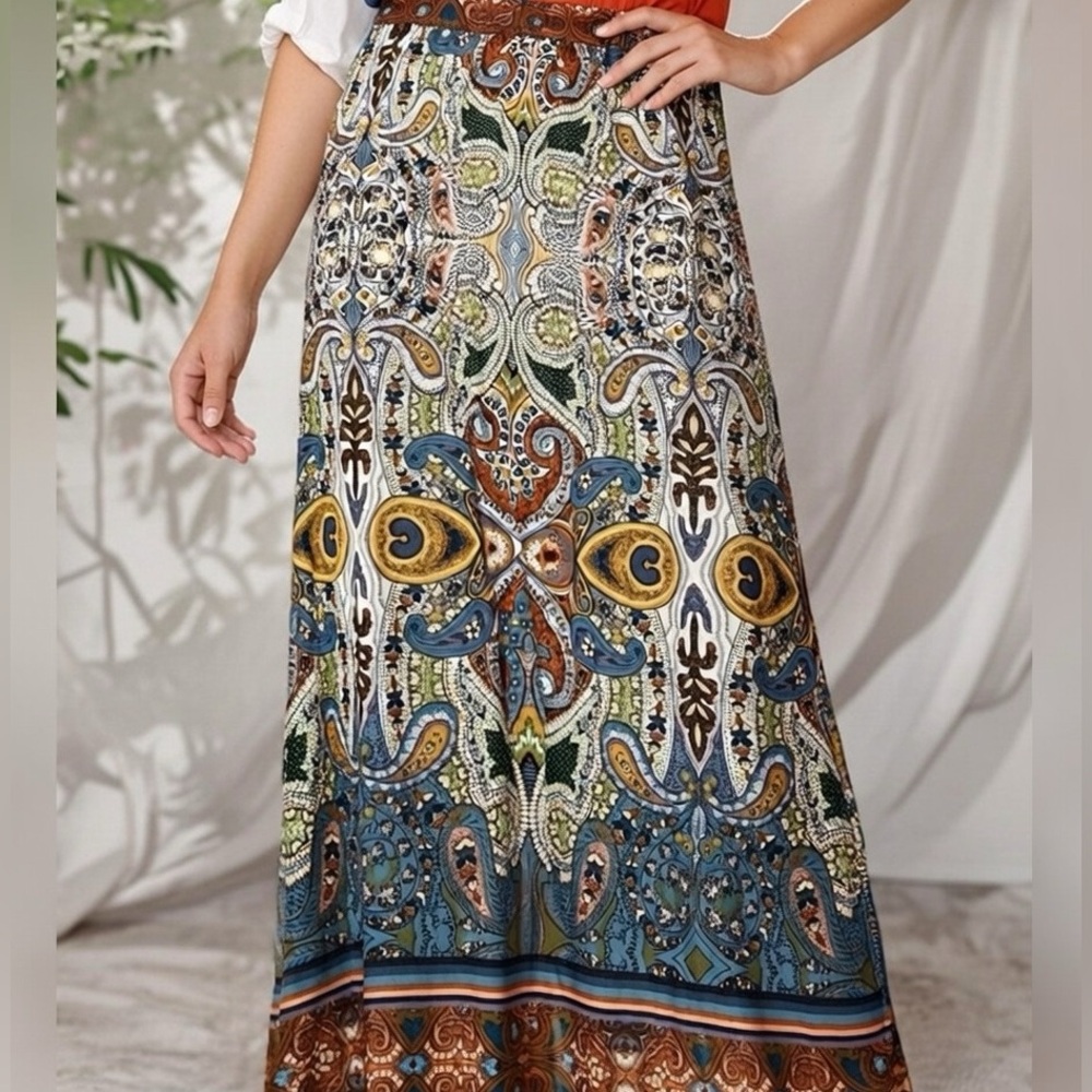 Chico's Paisley Boho Maxi Long Skirt Western Soft Stretchy Size 1 Blue Brown
